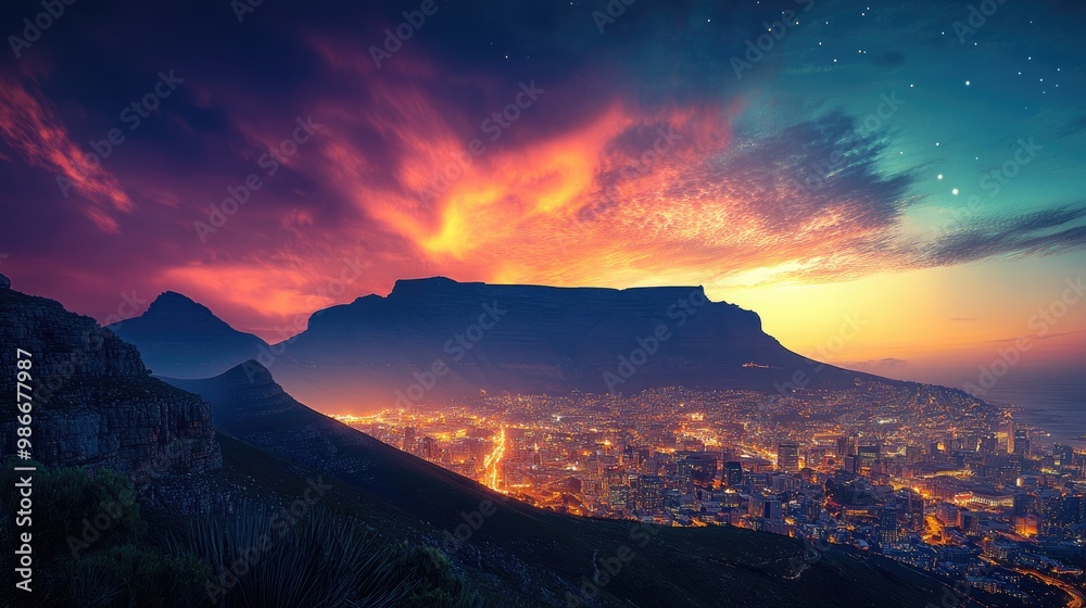 Fototapeta premium Beautiful silhouette of Table Mountain towering above Cape Town's vibrant skyline, glowing with city lights and a dramatic sunset backdrop