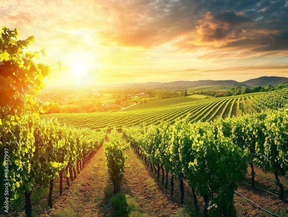 Naklejka premium Scenic vineyard at sunset with rows of grapevines