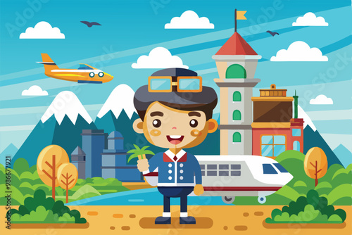 A cheerful boy in a pilot uniform holds a plant in front of a quaint village and snowy mountains, Customizable cartoon illustration available for departure.