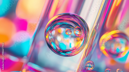 luxurious, cinematic close-up of a galileo thermometer, with light glinting off the smooth glass surface and the colorful oil-filled bulbs suspended inside photo