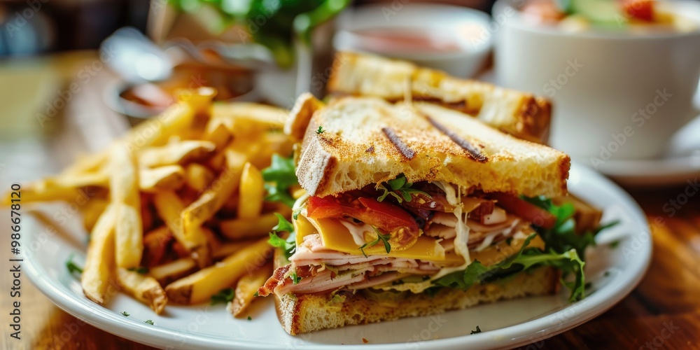 Tasty club sandwich paired with crispy fries at a café. Tasty club sandwich paired with crispy fries at a café.