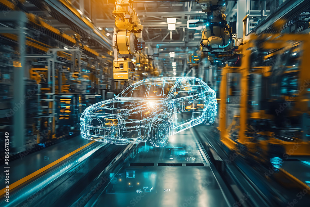Fototapeta premium Abstract composition of AIdriven workshop scheduling automotive repair and maintenance showing how AI optimizes repair shop operations based on realtime data