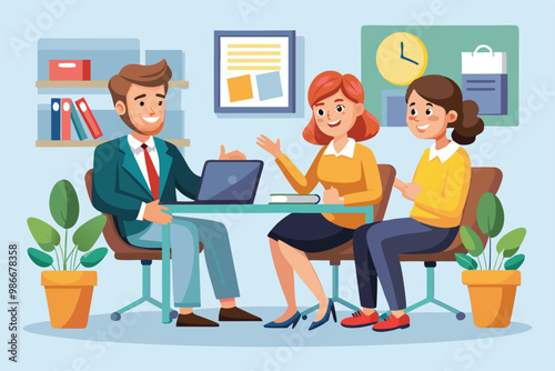 Three professionals engage in a consulting session, collaborating around a laptop in a modern office, Customizable cartoon illustration consulting
