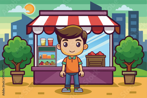A cheerful vendor presents colorful fruits at a lively stall surrounded by city buildings on a sunny day, Customizable cartoon illustration demo