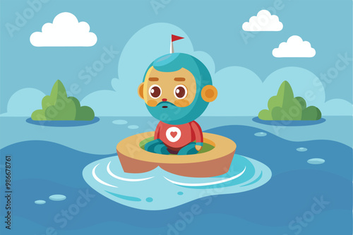 A cartoon character with blue hair sits in a boat on calm water, enjoying a peaceful day among green islands, Customizable cartoon illustration floating in water.