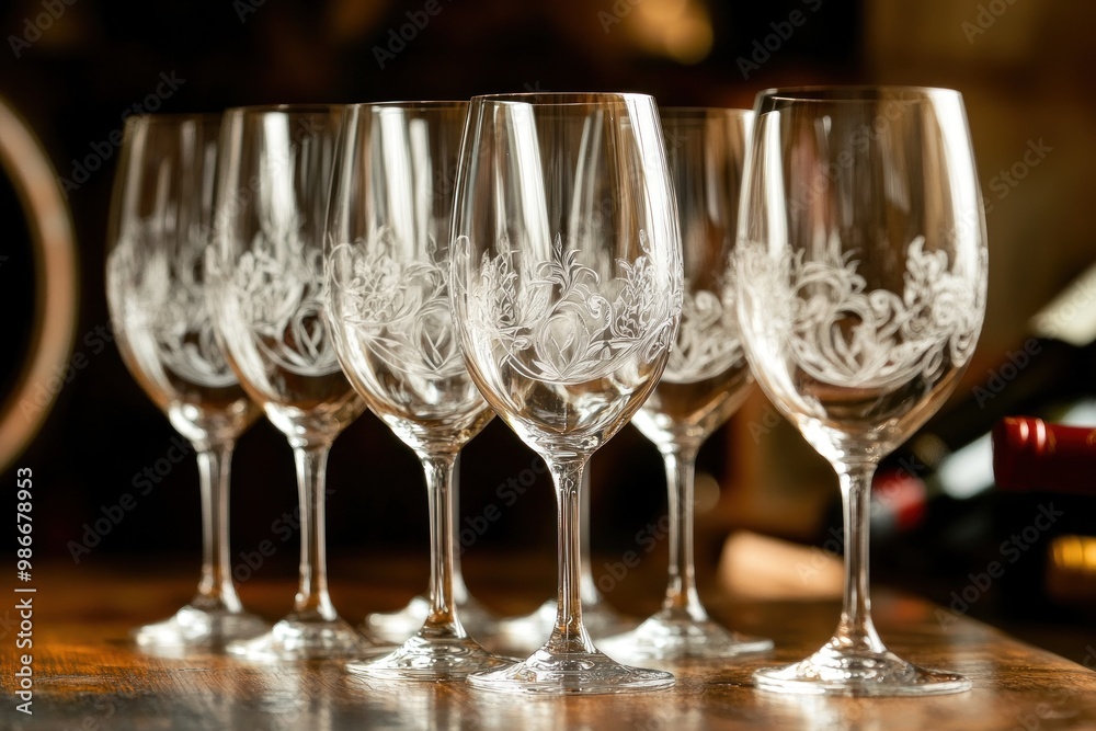 Etched Wine Glasses Arranged on a Wooden Table