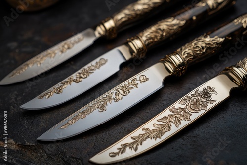Ornate Silver Knives with Floral Etched Designs