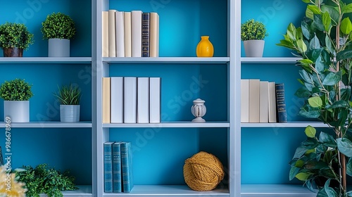 Books, Plants, and Decorations on a Blue Bookshelf photo