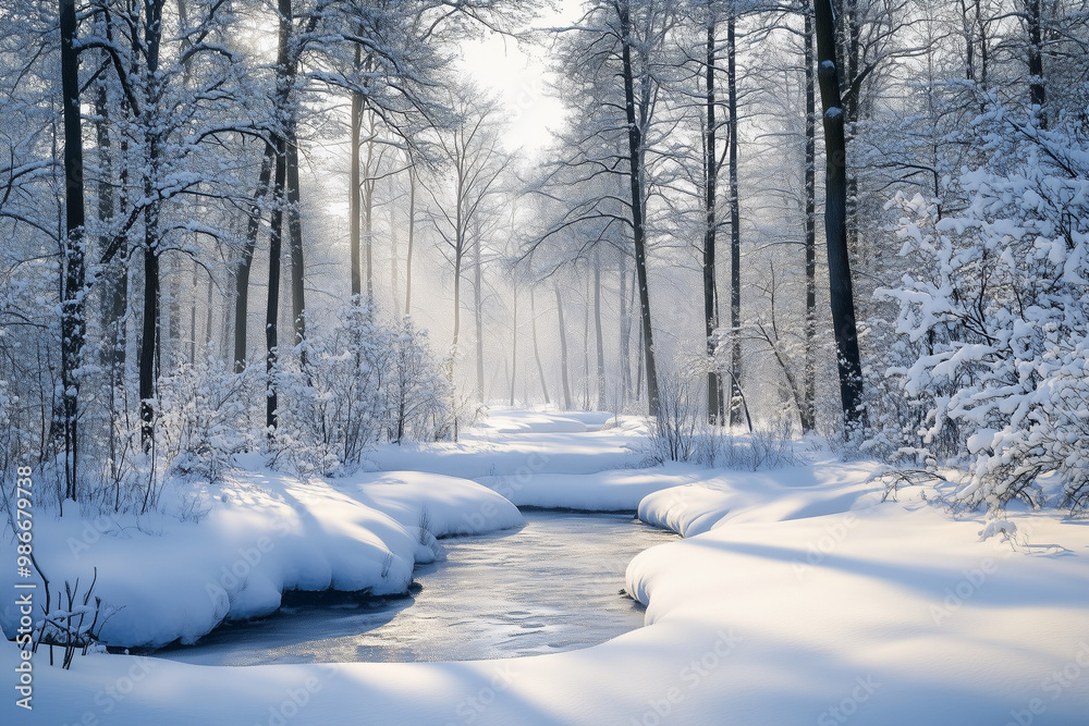 Snow-covered river winding through frosty winter forest Snow-covered river winding through frosty winter forest