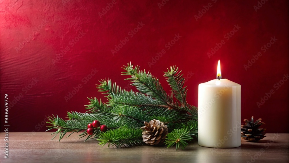 Christmas Candle with Pine Branches and Pine Cone on Red Background Christmas Candle with Pine Branches and Pine Cone on Red Background