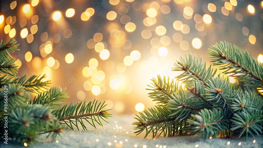 Christmas Tree Branches with Golden Bokeh Lights Background Christmas Tree Branches with Golden Bokeh Lights Background
