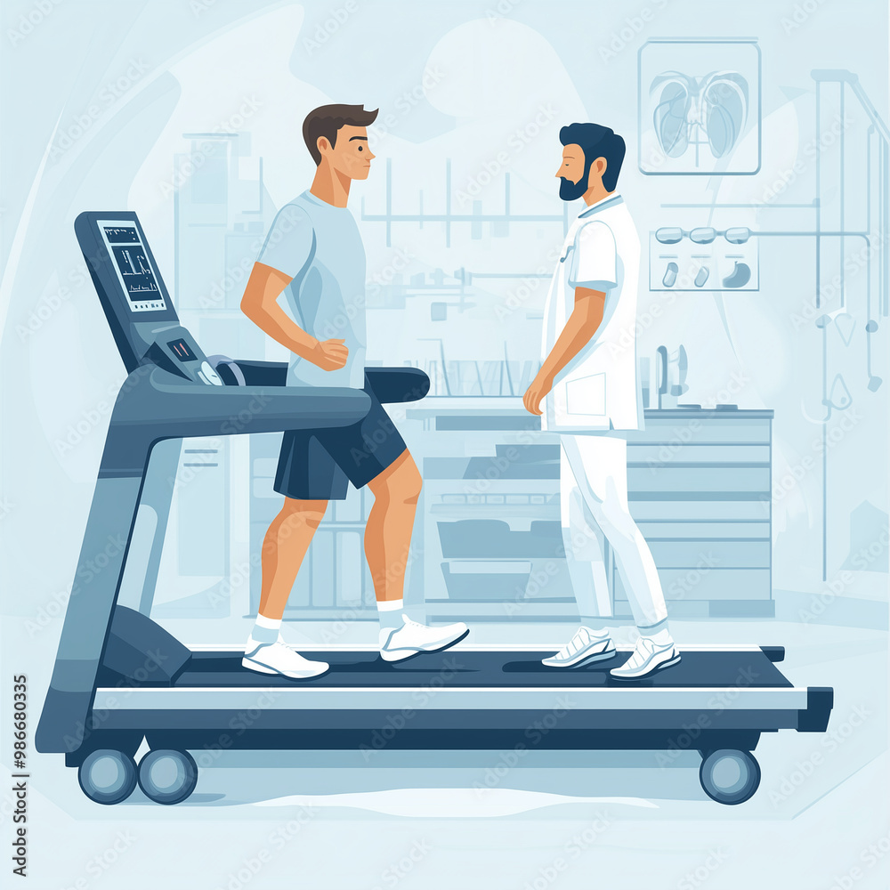 Fototapeta premium A man is running on a treadmill while a doctor watches him. The doctor is wearing a white coat and is standing behind the man. The scene is set in a hospital or a medical facility