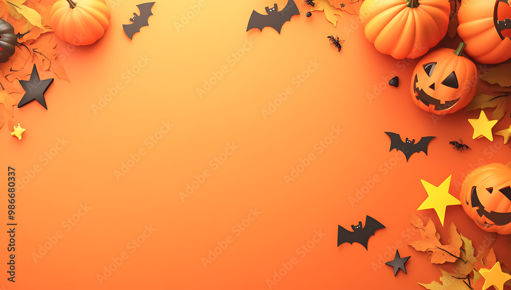 A vibrant orange background with Halloween decorations like pumpkins, stars, and bats at the top of an empty space for text or design A vibrant orange background with Halloween decorations like pumpkins, stars, and bats at the top of an empty space for text or design
