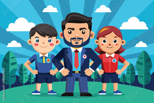 Three cartoon ambassadors pose confidently in a colorful outdoor environment with trees and clouds, Customizable cartoon illustration for ambassadors.