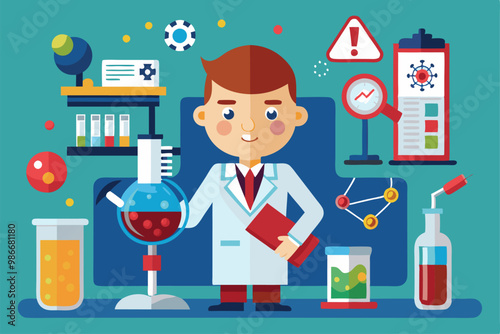 A cartoon character in a lab coat is examining blood samples using laboratory equipment and tools, Customizable cartoon illustration for blood research.