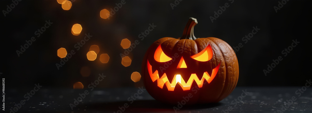 Minimalist festive halloween scene banner with glowing orange jack-o'-lantern pumpkin with candle on black textured surface or floor on dark night with bokeh lights background with copyspace. Minimalist festive halloween scene banner with glowing orange jack-o'-lantern pumpkin with candle on black textured surface or floor on dark night with bokeh lights background with copyspace.