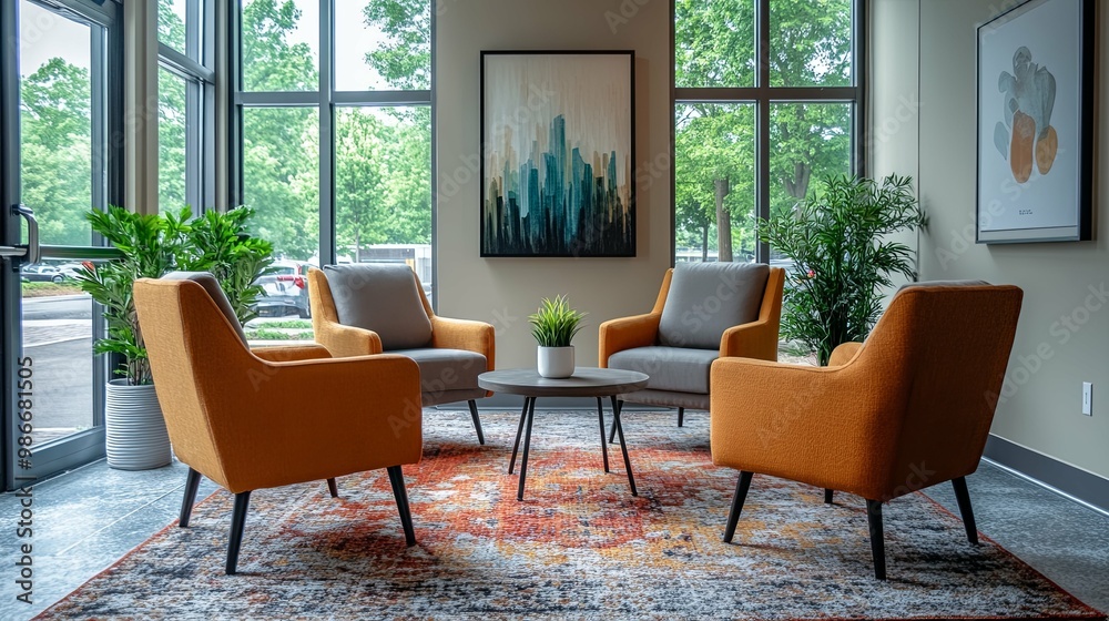 Contemporary Lounge Area with Orange Armchairs and Abstract Art Contemporary Lounge Area with Orange Armchairs and Abstract Art