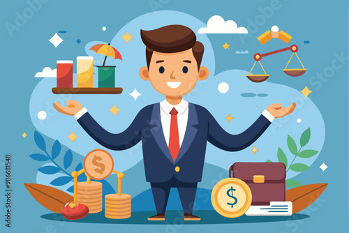 A cartoon character in a suit balances ethics and finance symbols while promoting business ideals, Customizable cartoon illustration for business ethics.