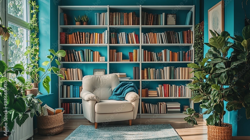 A cozy reading nook with a white armchair and a bookshelf filled with books against a teal wall. A cozy reading nook with a white armchair and a bookshelf filled with books against a teal wall.