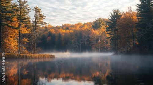 Autumn foliage surrounding a misty lake during a peaceful sunrise