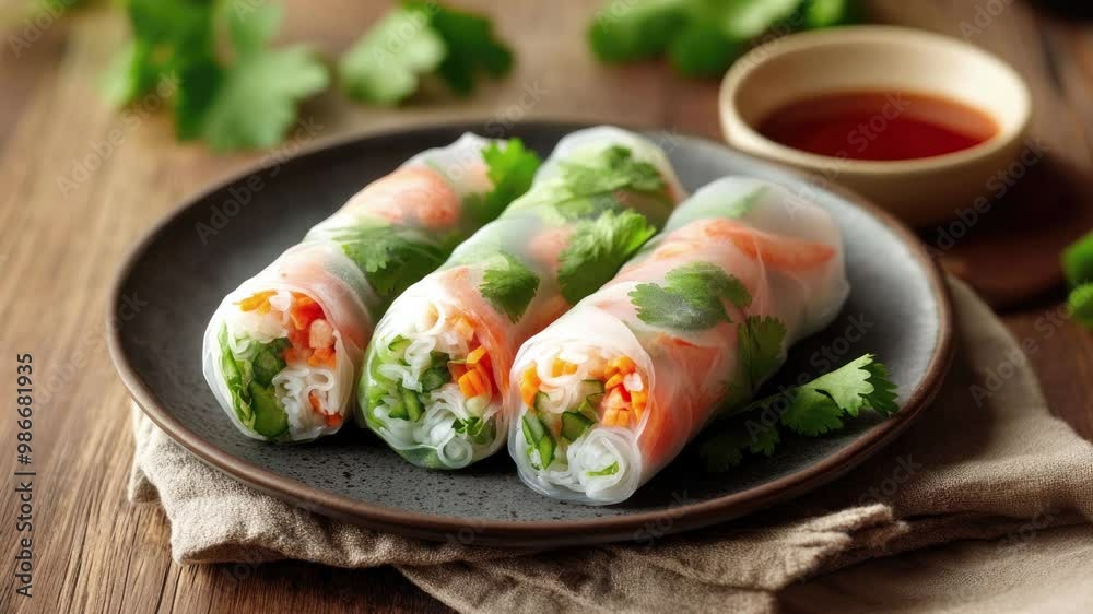 Zooming in on a plate of Fresh Vietnamese Spring Rolls