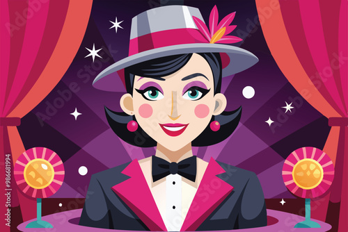 A spirited cabaret performer stands confidently on stage, captivating the audience with her charm, Customizable cartoon illustration for cabaret.