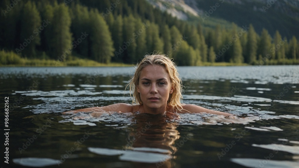 Fototapeta premium Blond woman enjoying a tranquil bath in a picturesque mountain lake surrounded by lush trees on a sunny day.