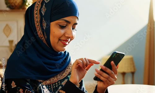 Iranian Woman Setting Up New Smartphone in Cozy Home