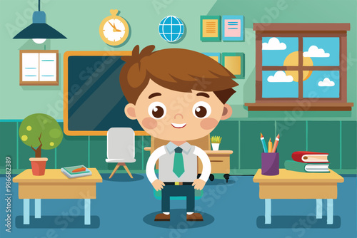 A cheerful student sits at their desk in a bright classroom, surrounded by learning materials, Customizable cartoon illustration for classrooms.