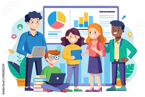 A group of five diverse students work together on data analysis using charts and graphs in a modern classroom, Customizable cartoon illustration for cohort analysis.