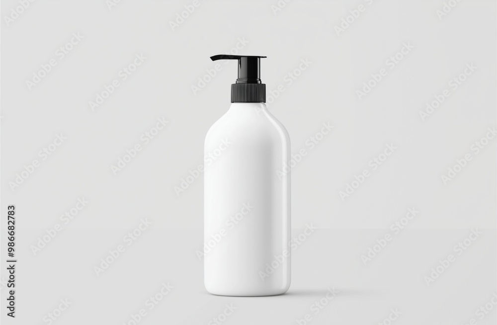 Minimalist white lotion pump bottle with black dispenser cap on a neutral background. Ideal for packaging design, personal care products, and skincare branding concepts.






