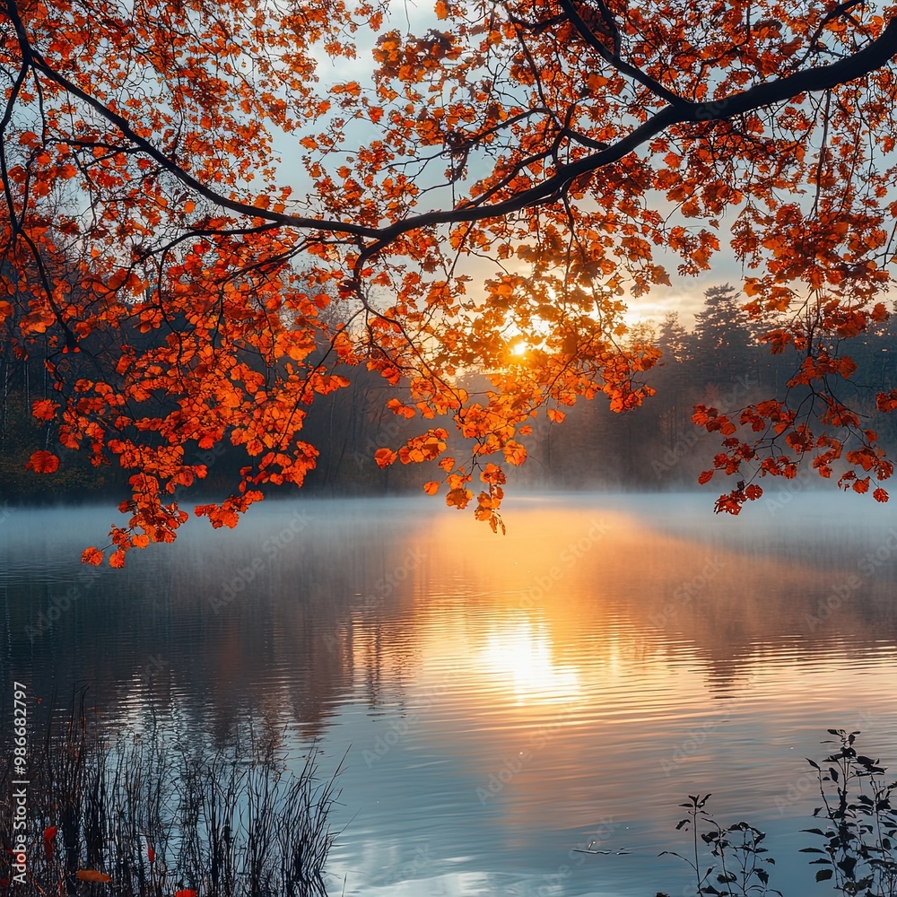 Autumn foliage surrounding a misty lake during a peaceful sunrise Autumn foliage surrounding a misty lake during a peaceful sunrise