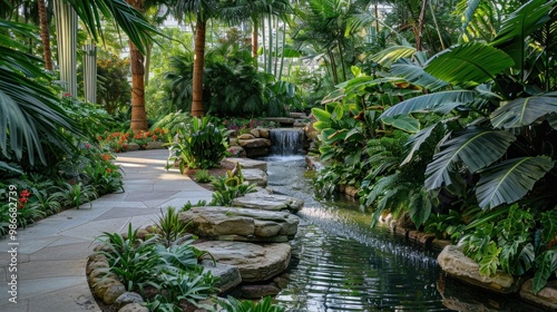 a modern park featuring a prehistoric plant garden, with ancient cycads and ferns arranged around a serene water feature. Prehistoric plants in urban park, prehistoric botanicals concept.