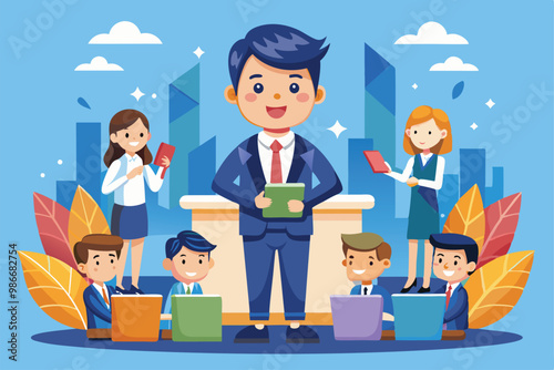 A lively cartoon illustration captures a conference with a speaker engaging attendees in a modern setting, Customizable cartoon illustration for conferences.