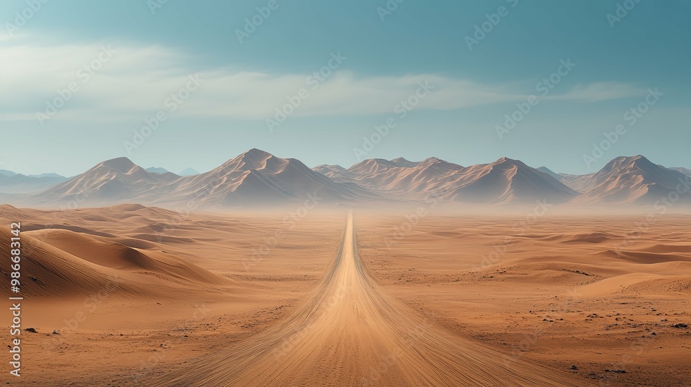 Naklejka premium A Lonely Road Through a Desert Landscape with Mountains in the Distance