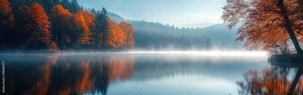 Autumn foliage surrounding a misty lake during a peaceful sunrise Autumn foliage surrounding a misty lake during a peaceful sunrise