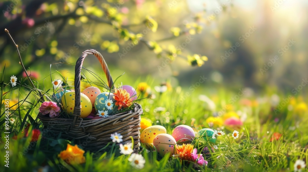 Colorful Easter eggs in a wicker basket surrounded by spring flowers. Happy Easter! Colorful Easter eggs in a wicker basket surrounded by spring flowers. Happy Easter!