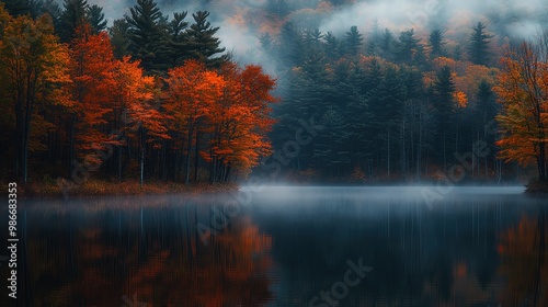 Autumn foliage surrounding a misty lake during a peaceful sunrise