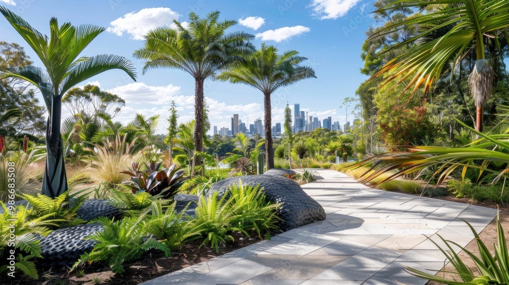 Urban garden path with a skyline view, featuring lush tropical vegetation and palm trees, blending nature with city life. Prehistoric plants in urban park, prehistoric botanicals concept.