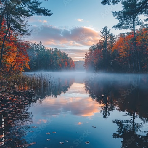 Autumn foliage surrounding a misty lake during a peaceful sunrise