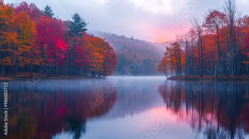 Autumn foliage surrounding a misty lake during a peaceful sunrise