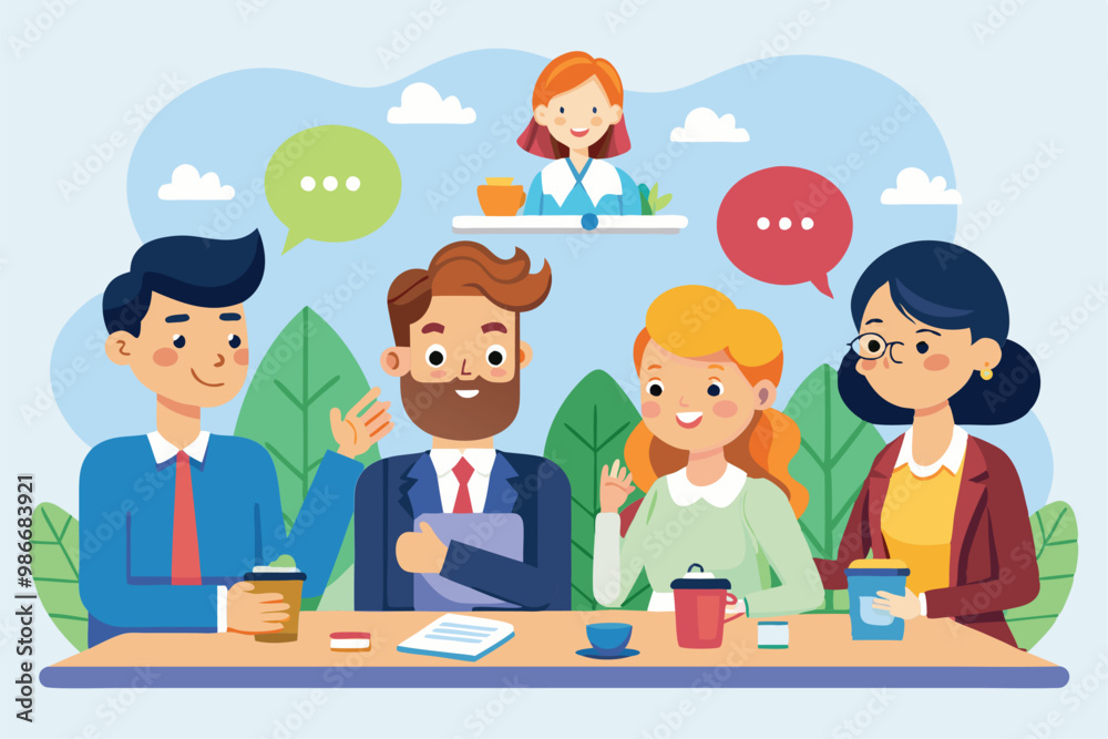 Four friends engage in a lively discussion while enjoying drinks at a cafe with a friendly waiter, Customizable cartoon illustration for discussion. Four friends engage in a lively discussion while enjoying drinks at a cafe with a friendly waiter, Customizable cartoon illustration for discussion.