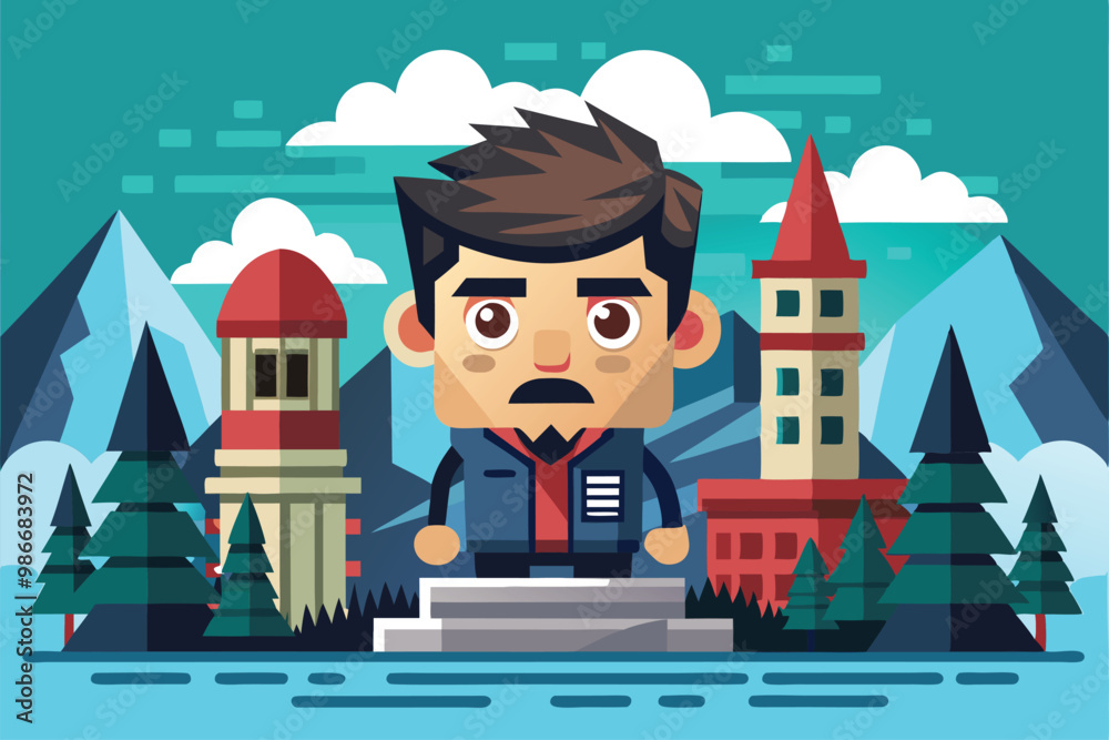 A cartoon character stands on a pedestal in a colorful mountainous landscape with buildings and trees, Customizable cartoon illustration for Downfall. A cartoon character stands on a pedestal in a colorful mountainous landscape with buildings and trees, Customizable cartoon illustration for Downfall.