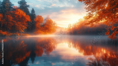 Autumn foliage surrounding a misty lake during a peaceful sunrise