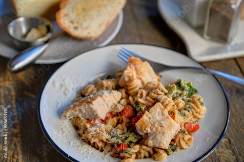 Side view of chicken pasta dish