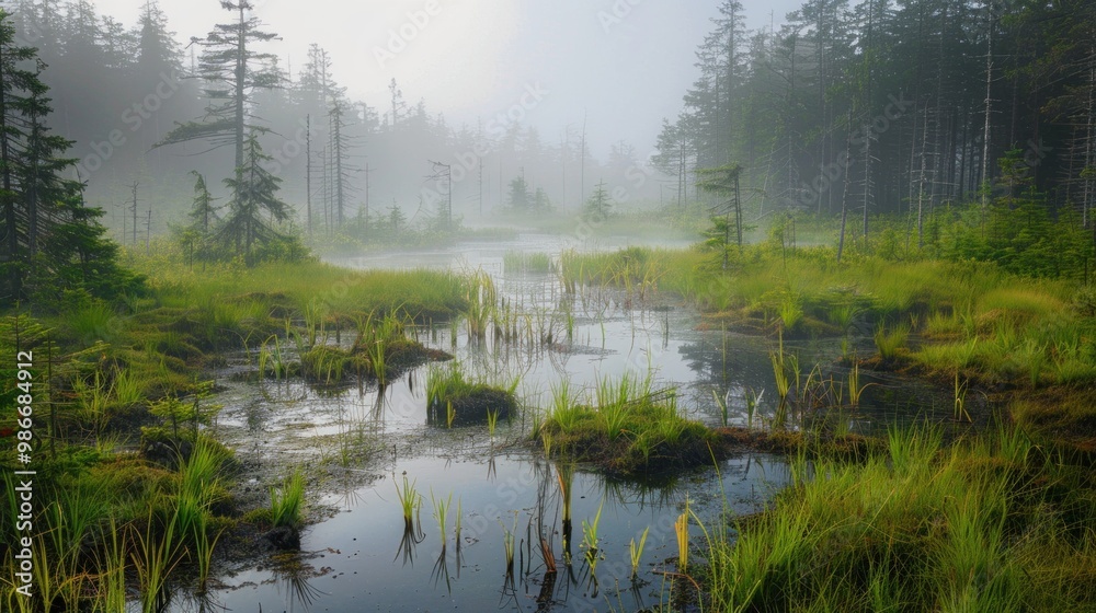 Obraz premium Misty forest bog with reflections in calm water, green reeds, and morning fog enveloping sparse trees. Prehistoric plants, prehistoric botanicals concept.