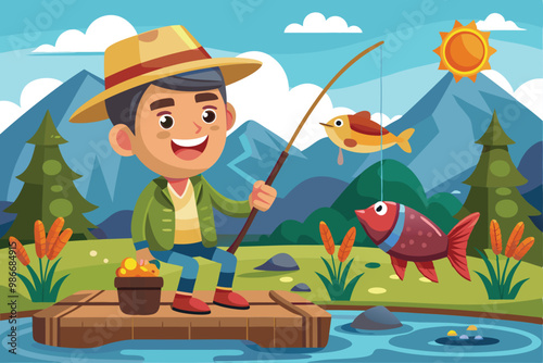 A happy young boy is fishing from a wooden dock, enjoying a bright sunny day by a peaceful lake, Customizable cartoon illustration for fishing.