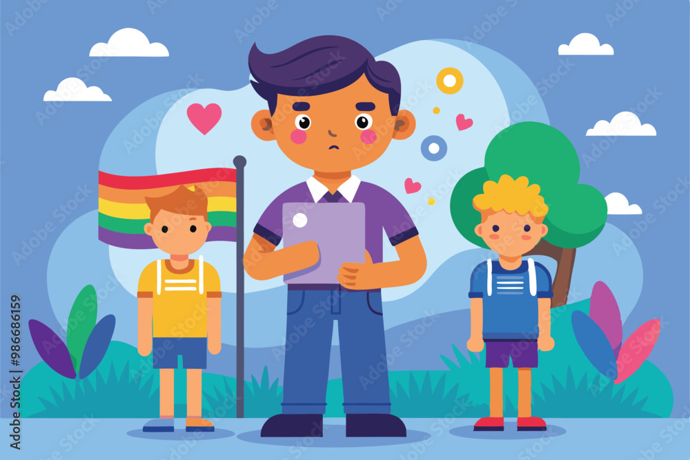 Two boys stand next to a rainbow flag, promoting acceptance and diversity in a vibrant, colorful setting, Customizable cartoon illustration for homophobic bullying. Two boys stand next to a rainbow flag, promoting acceptance and diversity in a vibrant, colorful setting, Customizable cartoon illustration for homophobic bullying.