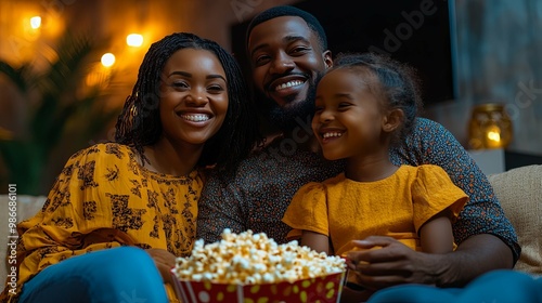 Happy African American Family Enjoying Popcorn at Home