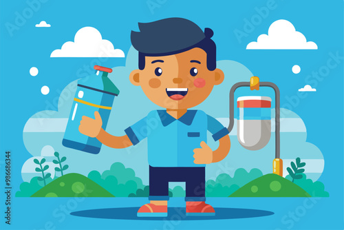 A cheerful child holds a water bottle and cup, promoting the importance of staying hydrated, Customizable cartoon illustration for hydration.